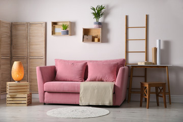 Modern living room interior with stylish pink sofa