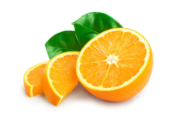 Fototapeta na wymiar orange fruit half with leaves isolated on white background