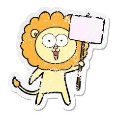 distressed sticker of a happy cartoon lion