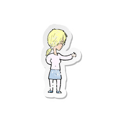 retro distressed sticker of a cartoon woman gesturing