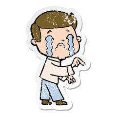 distressed sticker of a cartoon man crying
