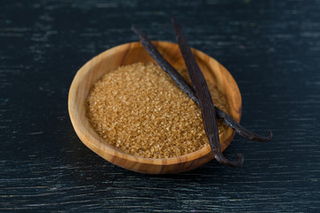 vanilla sugar in a wooden bowl