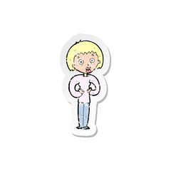 retro distressed sticker of a cartoon woman gesturing at self