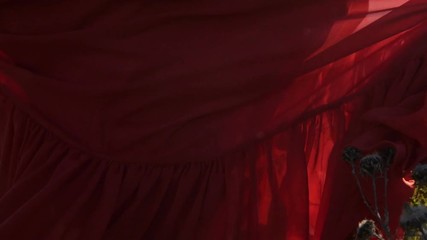 Beautiful woman in a red dress walking along a chamomile field in slo-mo