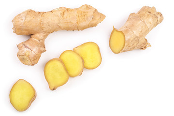 fresh Ginger root and slice isolated on white background with copy space for your text. Top view....