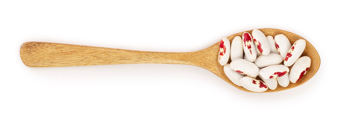 variegated kidney bean in wooden spoon isolated on white background. Top view. Flat lay