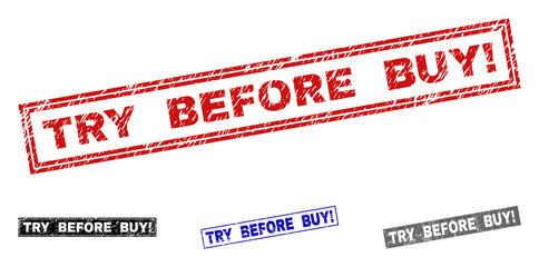 Grunge TRY BEFORE BUY! rectangle stamp seals isolated on a white background. Rectangular seals with grunge texture in red, blue, black and gray colors.