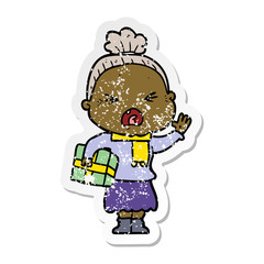 distressed sticker of a cartoon angry old woman