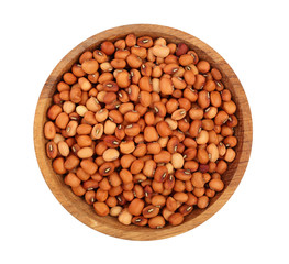 Dry raw organic chickpeas in wooden bowl isolated on white background. Top view