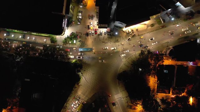 night illumination bangalore city traffic street square crossroad aerial topdown panorama 4k india