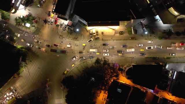 night illumination bangalore city traffic street square crossroad aerial topdown panorama 4k india