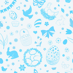 Seamless pattern of eggs, flowers, cakes, hare, hen, chicken and other Easter symbols in light blue colors