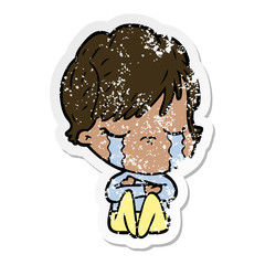 distressed sticker of a cartoon woman crying
