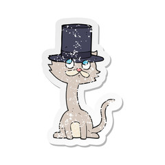 retro distressed sticker of a cartoon cat in top hat