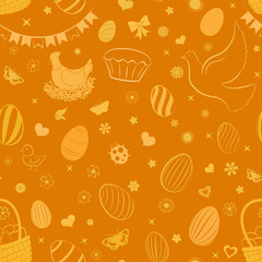 Seamless pattern of eggs, flowers, cakes, hare, hen, chicken and other Easter symbols in yellow colors