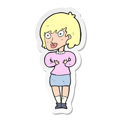 sticker of a cartoon woman making Who Me gesture