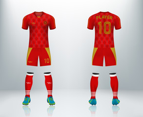 3D realistic mock up of front and back of red soccer jersey t-shirt with pants and socks. Concept for football team uniform or apparel mockup template in design vector illustration