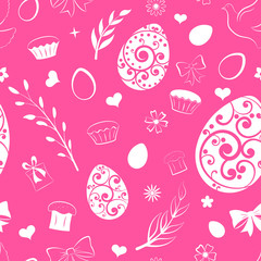 Seamless pattern of eggs, flowers, cake, gift box and other Easter symbols, white on pink
