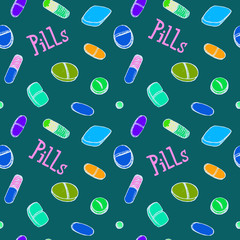 Colorful pills around inscription, hand drawn doodle sketch, illustration, seamless pattern design on dark turquoise background