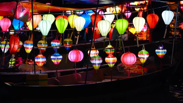Beautiful lanterns on the boat in Hoi An old town. Hoi An is the World's Cultural heritage site.
