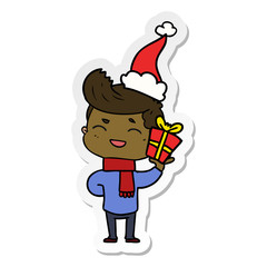 sticker cartoon of a man laughing wearing santa hat