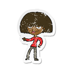 retro distressed sticker of a cartoon happy woman pointing
