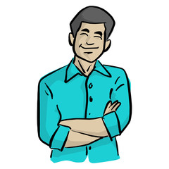 Obraz premium smiling businessman with arms crossed vector illustration with black lines isolated on white background.