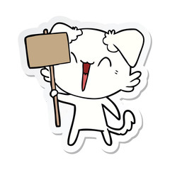 sticker of a happy little cartoon dog holding sign