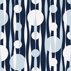 Seamless vector abstract pattern with wavy lines and polka dot backdrop in blue and white colors on dark background. Endless geometric print