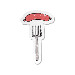 retro distressed sticker of a cartoon fork and sausage