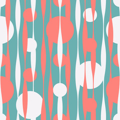 Seamless vector abstract pattern with wavy lines and polka dot backdrop in pastel pink and white colors on blue background. Endless geometric print