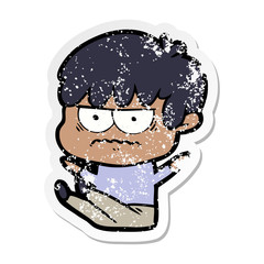 distressed sticker of a annoyed cartoon boy