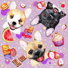 Cute pattern with dogs on pink background. Watercolor illustration. Fashionable seamless pattern with French bulldogs on pink, lilac background. Fashionable printing. Sweet dessert background.