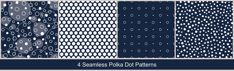 Seamless vector abstract patterns with geometric elements in white colors on dark background. Set of polka dot prints