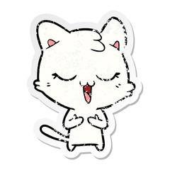 distressed sticker of a happy cartoon cat