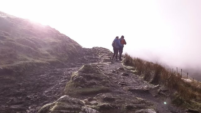 Hiking up Snowdon mountain during the fog