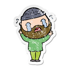 distressed sticker of a cartoon bearded man crying