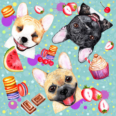 Cute pattern with dogs on blue background. Watercolor illustration. Stylish seamless pattern with French bulldogs on blue background. Fashionable printing. Sweet dessert background.