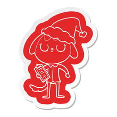 cute cartoon  sticker of a dog wearing office shirt wearing santa hat