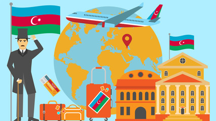 Welcome to Azerbaijan postcard. Travel and safari concept of Europe world map vector illustration with national flag