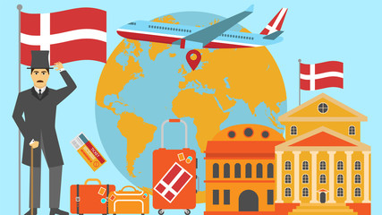 Welcome to Denmark postcard. Travel and safari concept of Europe world map vector illustration with national flag