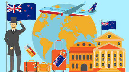 Welcome to New Zealand postcard. Travel and safari concept of Europe world map vector illustration with national flag