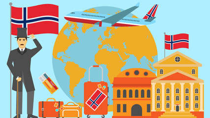 Welcome to Norway postcard. Travel and safari concept of Europe world map vector illustration with national flag