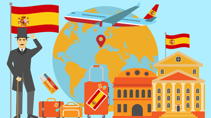 Welcome to Spain postcard. Travel and safari concept of Europe world map vector illustration with national flag