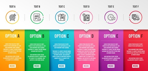 Checked calculation, Select alarm and Parking payment icons simple set. Archery, Delivery boxes and Truck parking signs. Statistical data, Time symbol. Business set. Infographic template. Vector