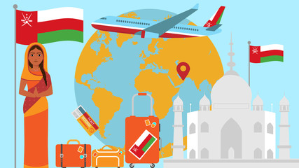 Welcome to Oman postcard. Travel and safari concept of Asia world map vector illustration with national flag