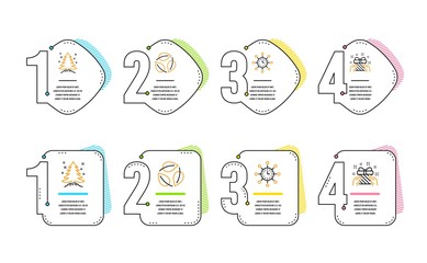 World time, Leaves and Christmas tree icons simple set. Gift sign. Measurement device, Nature leaf, Spruce. Present. Business set. Infographic timeline. Line world time icon. 4 options or steps