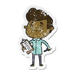 distressed sticker of a happy cartoon man with pen and clipboard