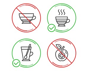 Do or Stop. Tea mug, Americano and Cafe creme icons simple set. Medical food sign. Cup with teaspoon, Beverage cup, Hot coffee. Apple. Food and drink set. Line tea mug do icon. Prohibited ban stop