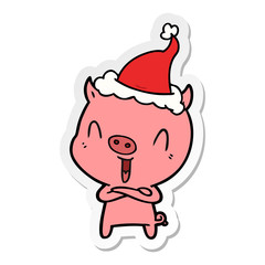 happy sticker cartoon of a pig wearing santa hat